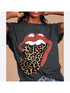 DAYDREAMER Rolling Stones Leopard Tongue Graphic Tee T-Shirt Gray Women’s Large